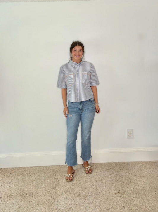 COASTAL CONTRAST BUTTON DOWN TOP BY KARLIE - Gopher Lane Boutique & Gifts