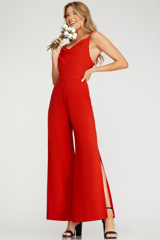COWL NECK WIDE LEG HEAVY KNIT JUMPSUIT - Gopher Lane Boutique & Gifts