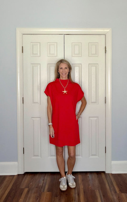 CYBIL MOCK NECK SHIFT DRESS - RED - Gopher Lane Boutique & Gifts