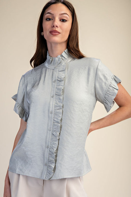 DAPHNE RUFFLE-TRIM BUTTON-DOWN BLOUSE- MINT - Gopher Lane Boutique & Gifts