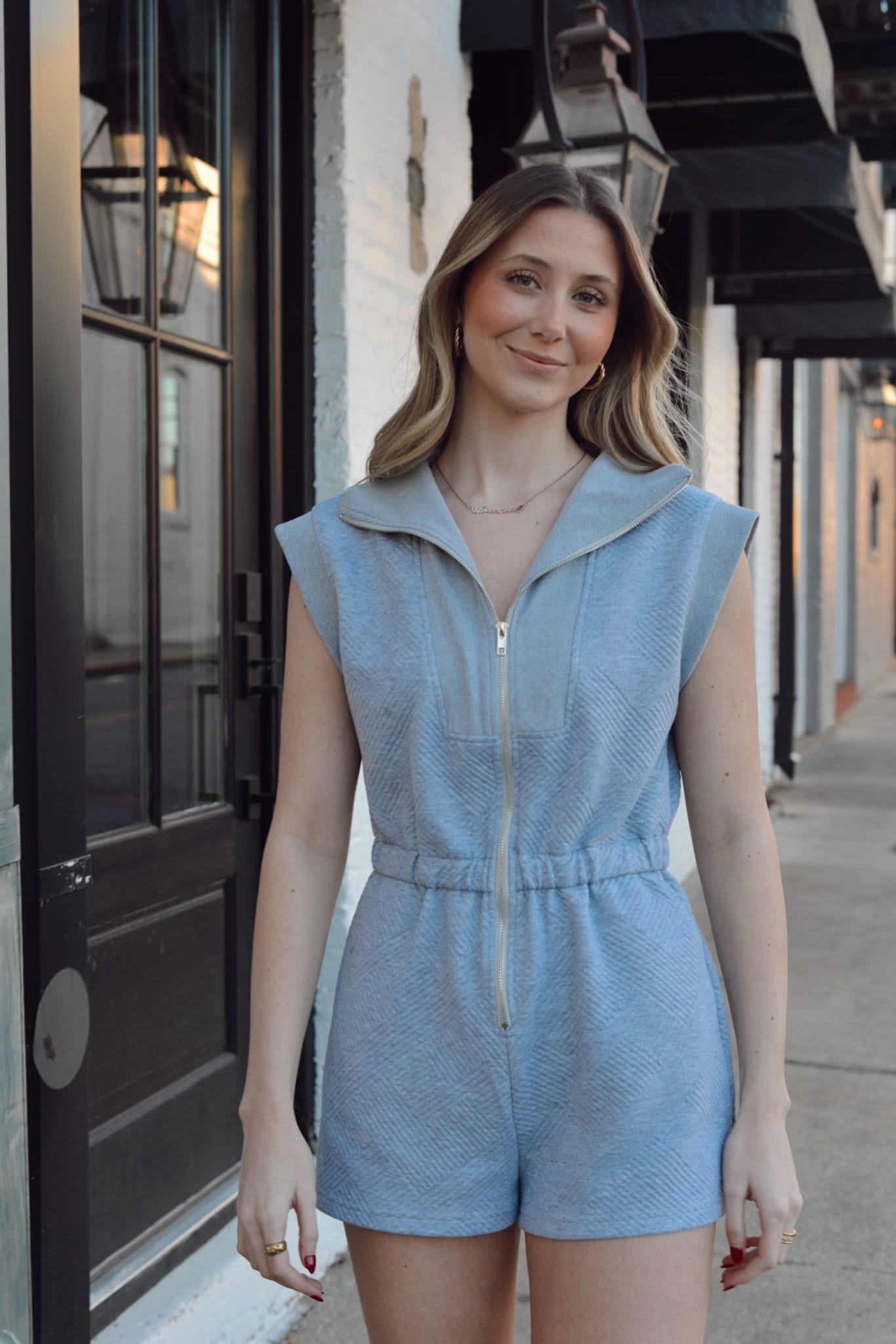 DROP SHOULDER TEXTURED FRONT ZIP ROMPER WITH SIDE POCKETS - Gopher Lane Boutique & Gifts