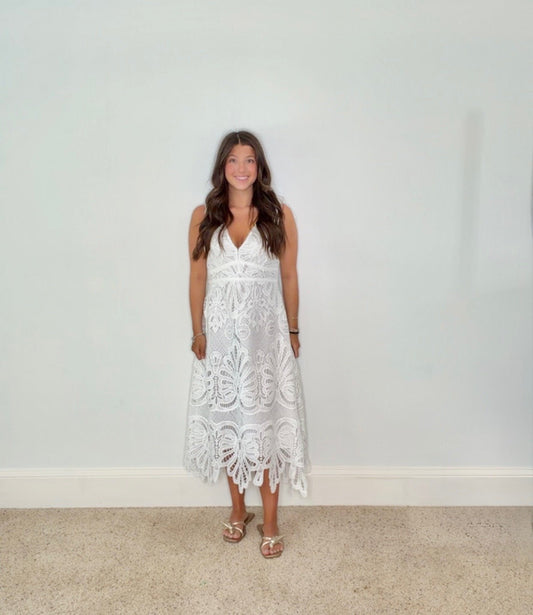 ELEGANT ENCHANTMENT EYELET LACE MIDI DRESS - WHITE - Gopher Lane Boutique & Gifts