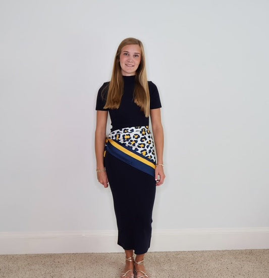 ELIZA NAVY FITTED NAVY MIDI DRESS - Gopher Lane Boutique & Gifts