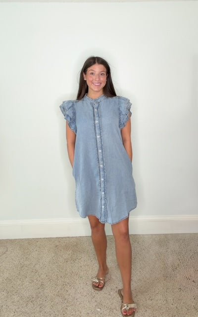 ELLIE RUFFLE SLEEVE DENIM MINI DRESS - Gopher Lane Boutique & Gifts