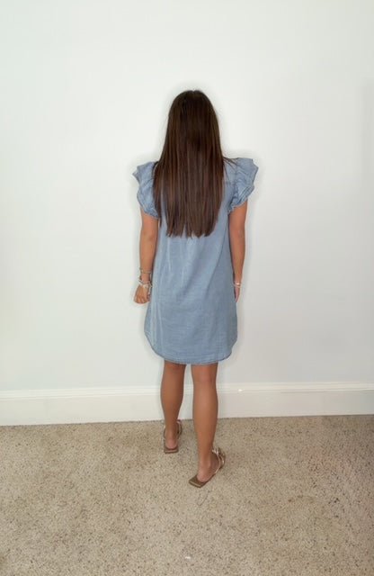 ELLIE RUFFLE SLEEVE DENIM MINI DRESS - Gopher Lane Boutique & Gifts
