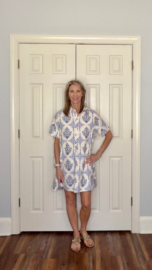 ELOISE BLUE DAMASK SHIRT DRESS BY KARLIE - Gopher Lane Boutique & Gifts
