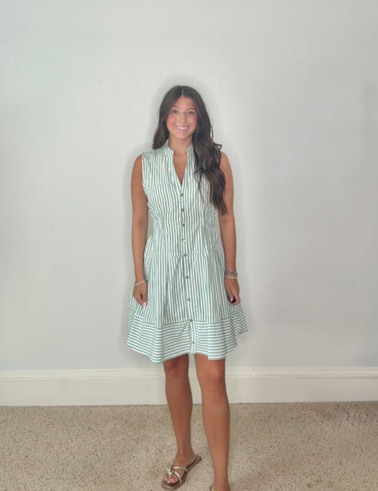 ENTRO SAGE GREEN AND WHITE STRIPED MINI DRESS - Gopher Lane Boutique & Gifts