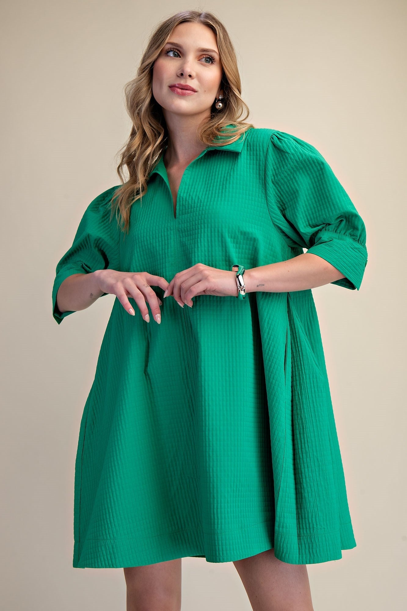 GINNY COLLARED V-NECK PUFF SLEEVE DRESS - Gopher Lane Boutique & Gifts