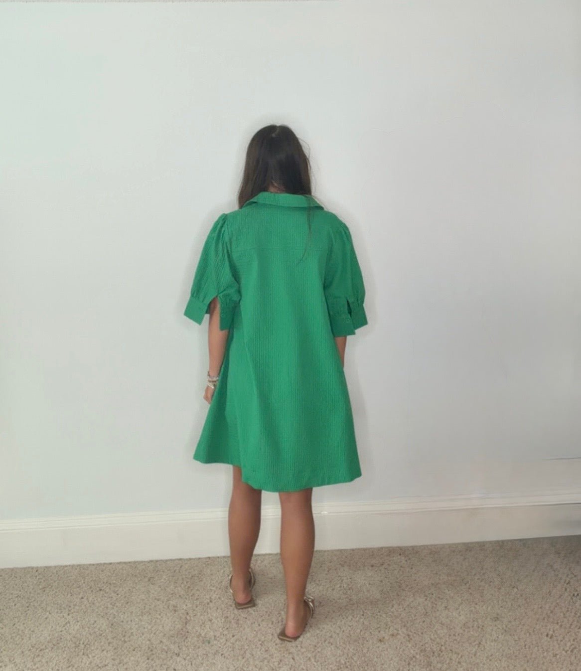GINNY COLLARED V-NECK PUFF SLEEVE DRESS - Gopher Lane Boutique & Gifts