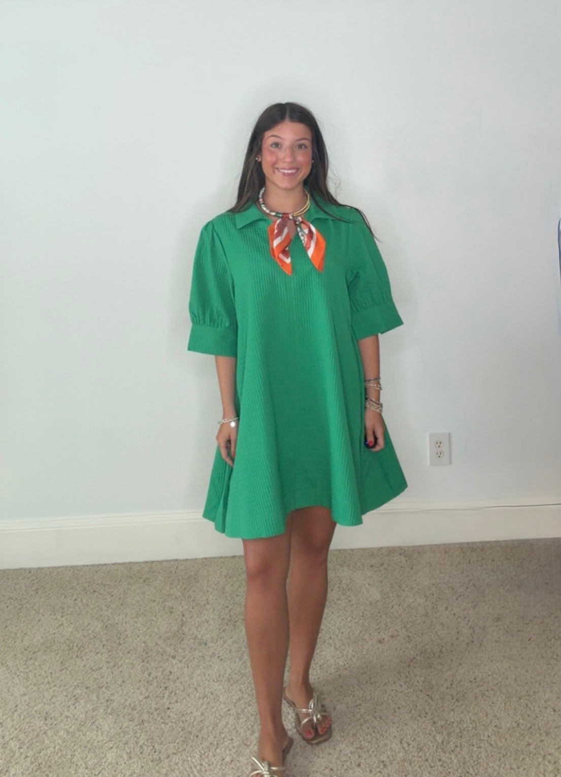 GINNY COLLARED V-NECK PUFF SLEEVE DRESS - Gopher Lane Boutique & Gifts