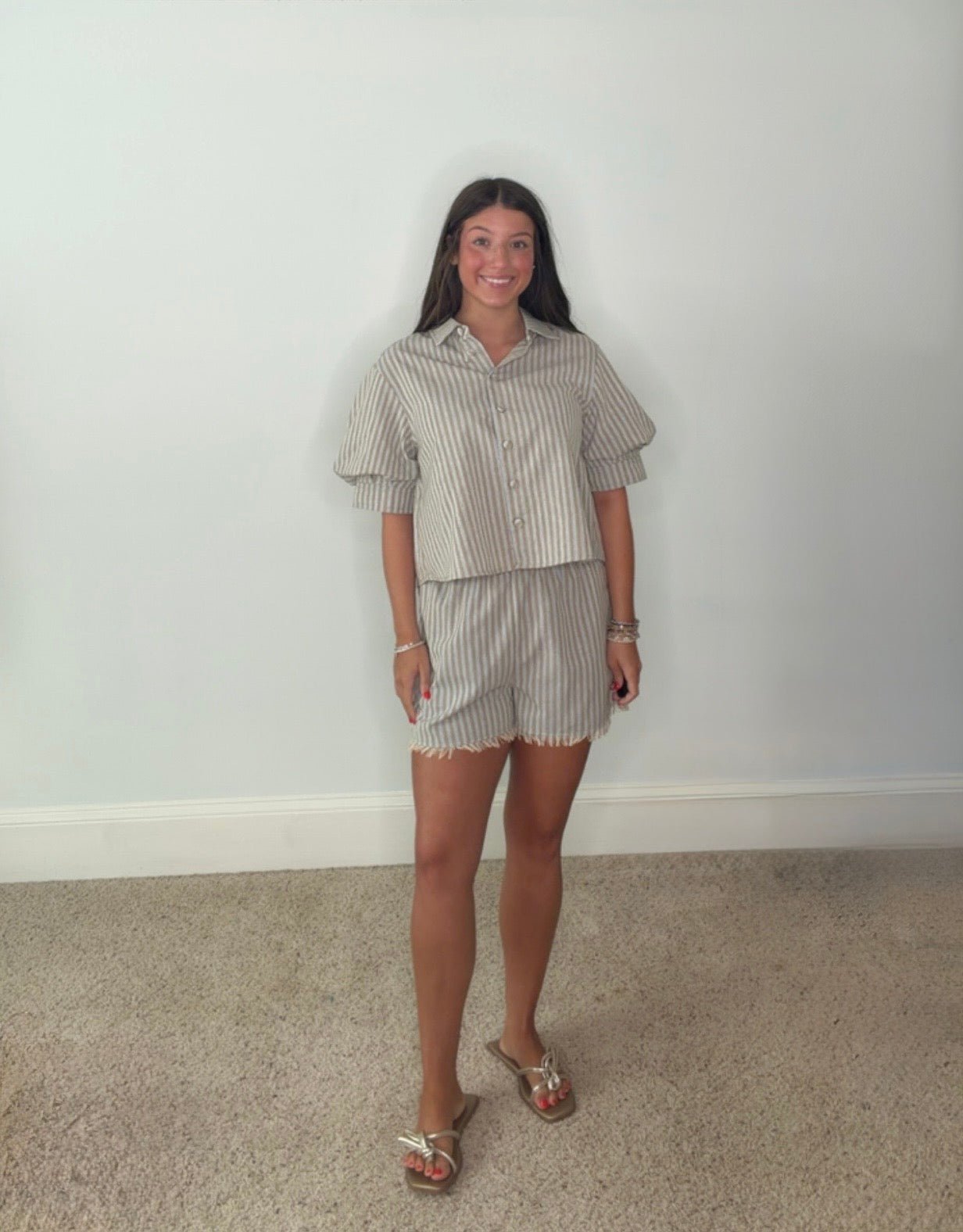HAILEY LIGHT GRAY AND TAN STRIPED LINEN SHORT BY KARLIE - Gopher Lane Boutique & Gifts