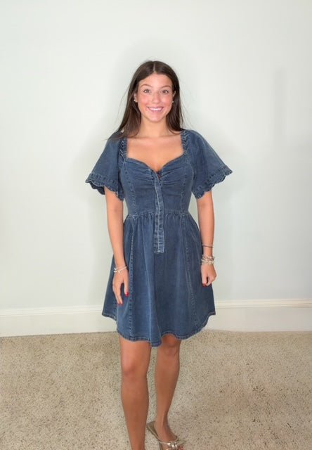 HALEY DENIM PUFF SLEEVE MINI DRESS - Gopher Lane Boutique & Gifts
