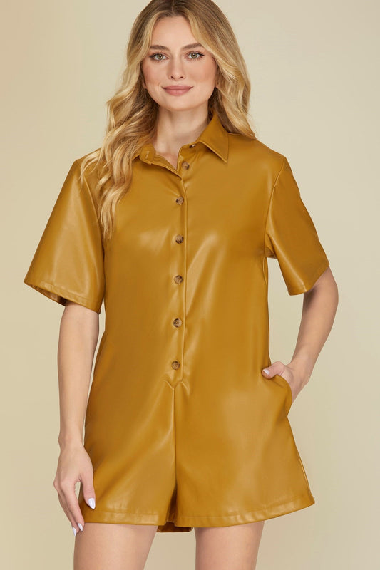 HALF SLEEVE BUTTON DOWN FAUX LEATHER ROMPER - Gopher Lane Boutique & Gifts