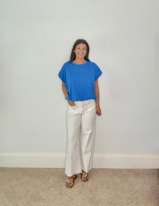 HARLOW CROPPED ELASTIC HEM TOP - BLUE - Gopher Lane Boutique & Gifts