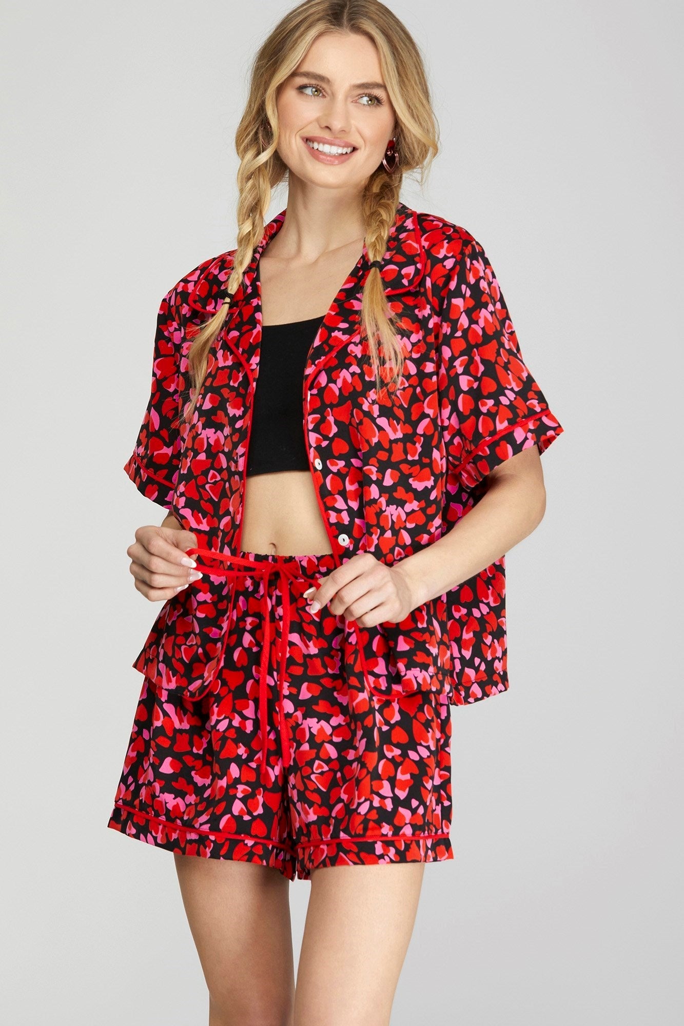 HEART PRINT PAJAMA SHORTS SET - BLACK/PINK - Gopher Lane Boutique & Gifts