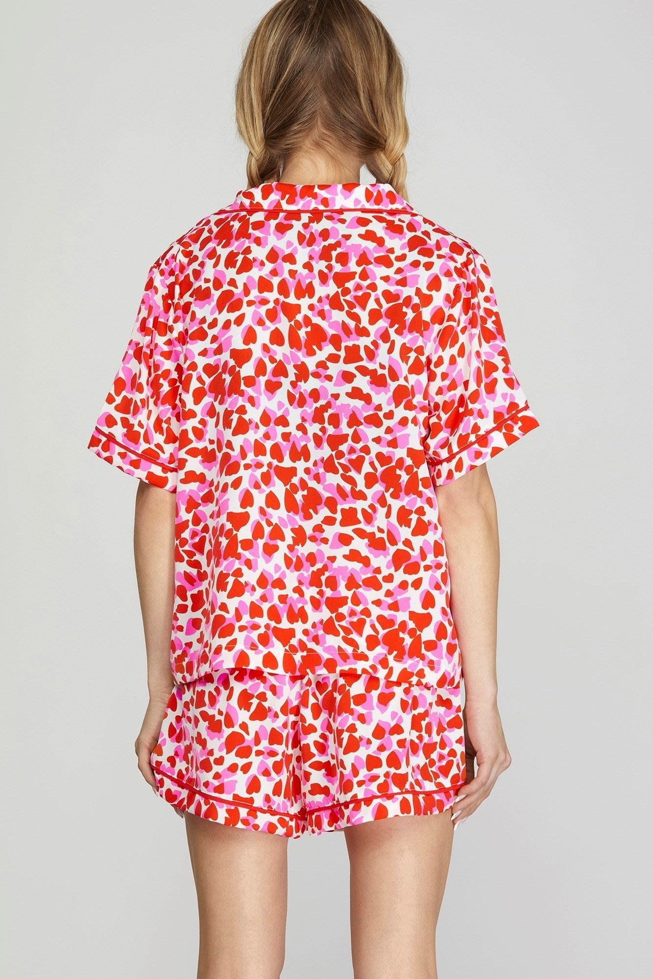 HEART PRINT PAJAMA SHORTS SET - OFF WHITE/PINK - Gopher Lane Boutique & Gifts
