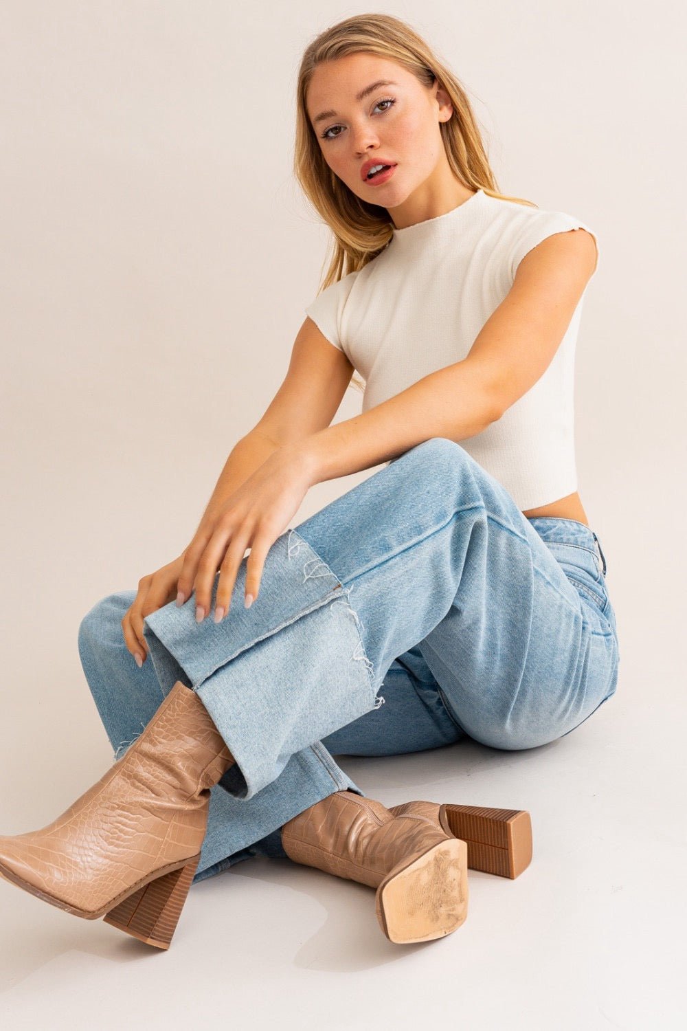 HIGH WAISTED WIDE LEGGED CUFFED JEANS - Gopher Lane Boutique & Gifts