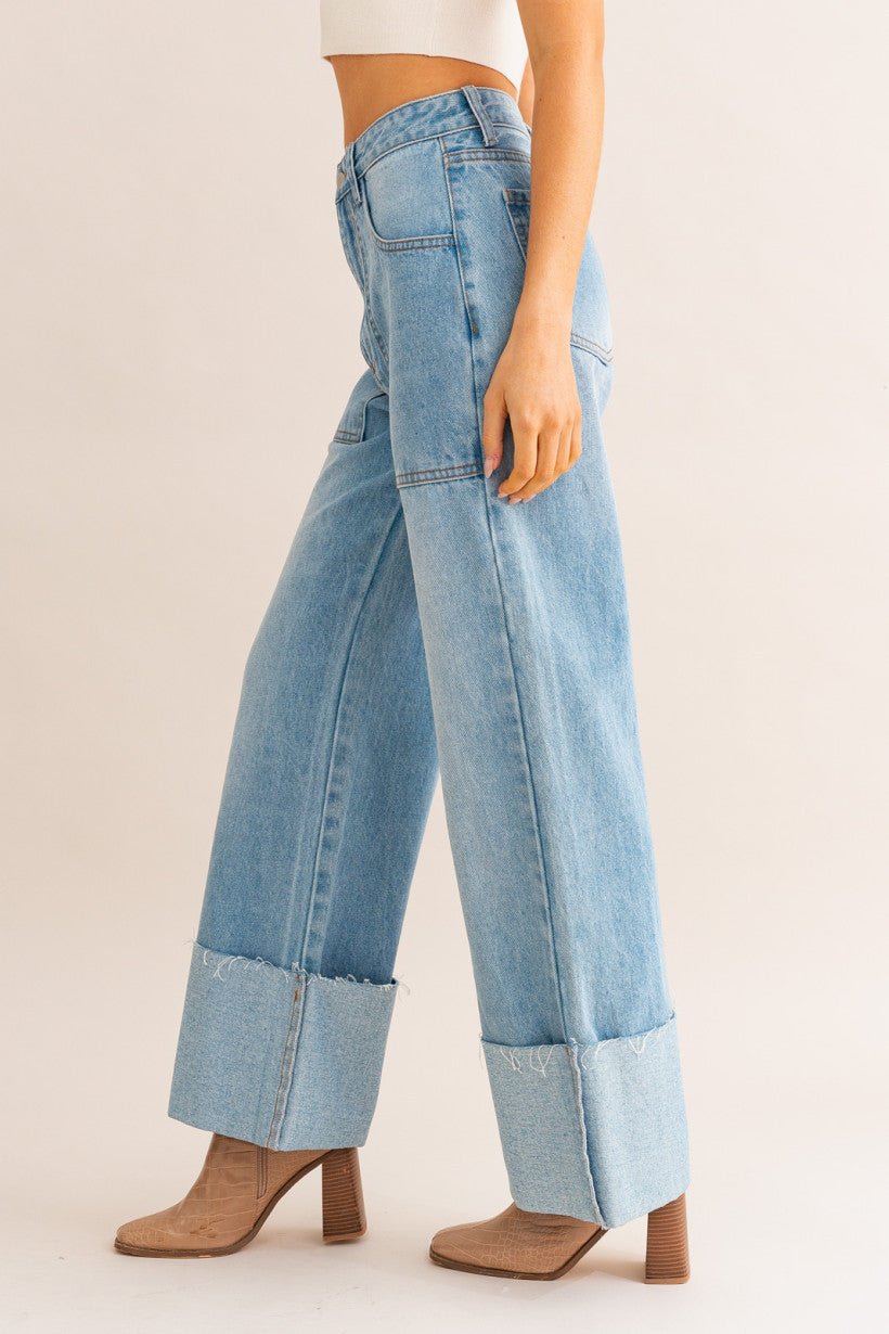 HIGH WAISTED WIDE LEGGED CUFFED JEANS - Gopher Lane Boutique & Gifts