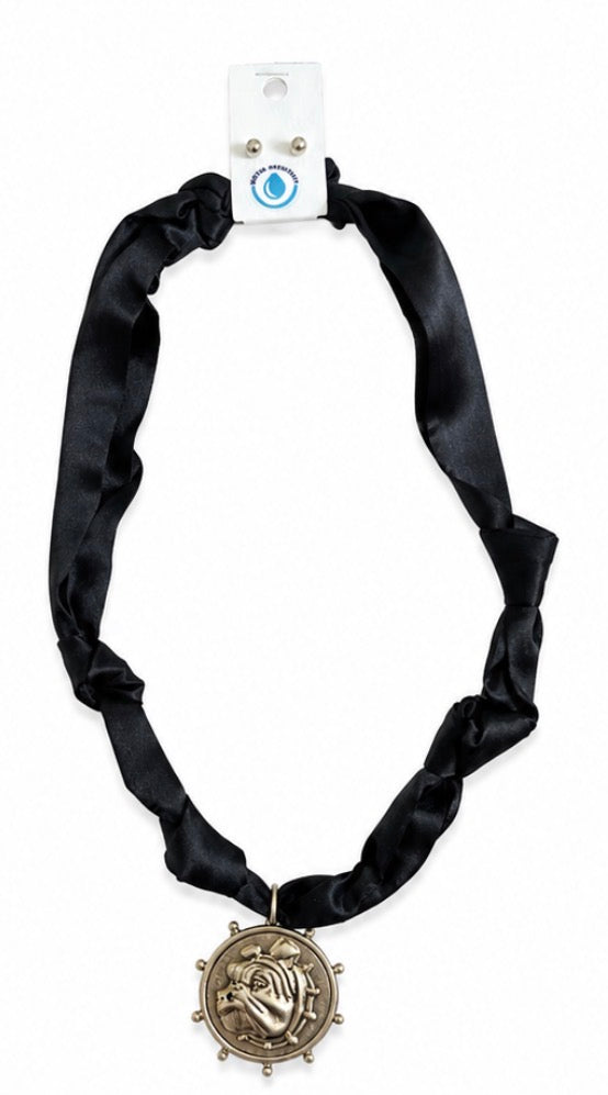 KNOTTED BLACK SCARF NECKLACE WITH BULLDOG PENDANT