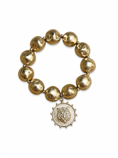HAMMERED GOLD BEAD BRACELET-TIGER CHARM