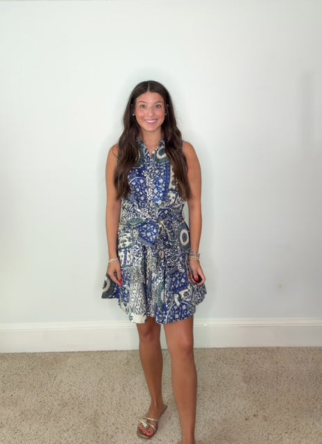 SANTORINI MOSAIC SLEEVELESS SHIRT DRESS