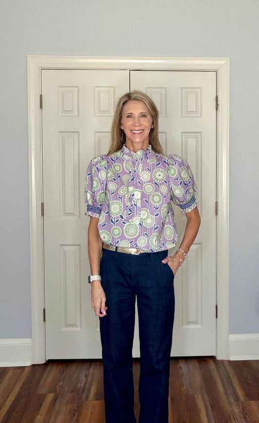 LAUREL LAVENDER FLORAL RUFFLE NECK TOP - Gopher Lane Boutique & Gifts