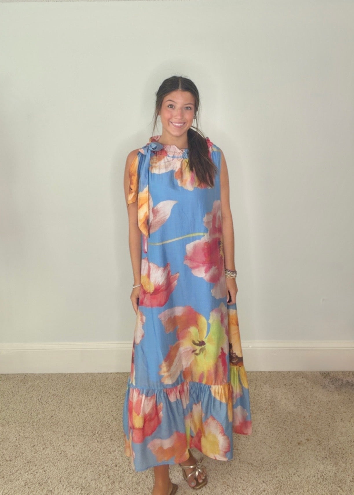 LEILANI FLORAL RUFFLE TIE-NECK MAXI DRESS- BLUE - Gopher Lane Boutique & Gifts