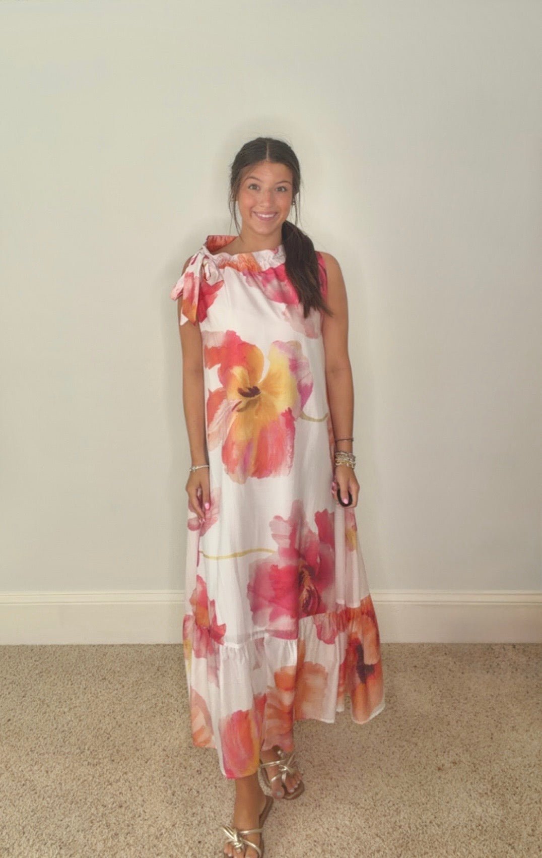 LEILANI FLORAL RUFFLE TIE-NECK MAXI DRESS- WHITE - Gopher Lane Boutique & Gifts