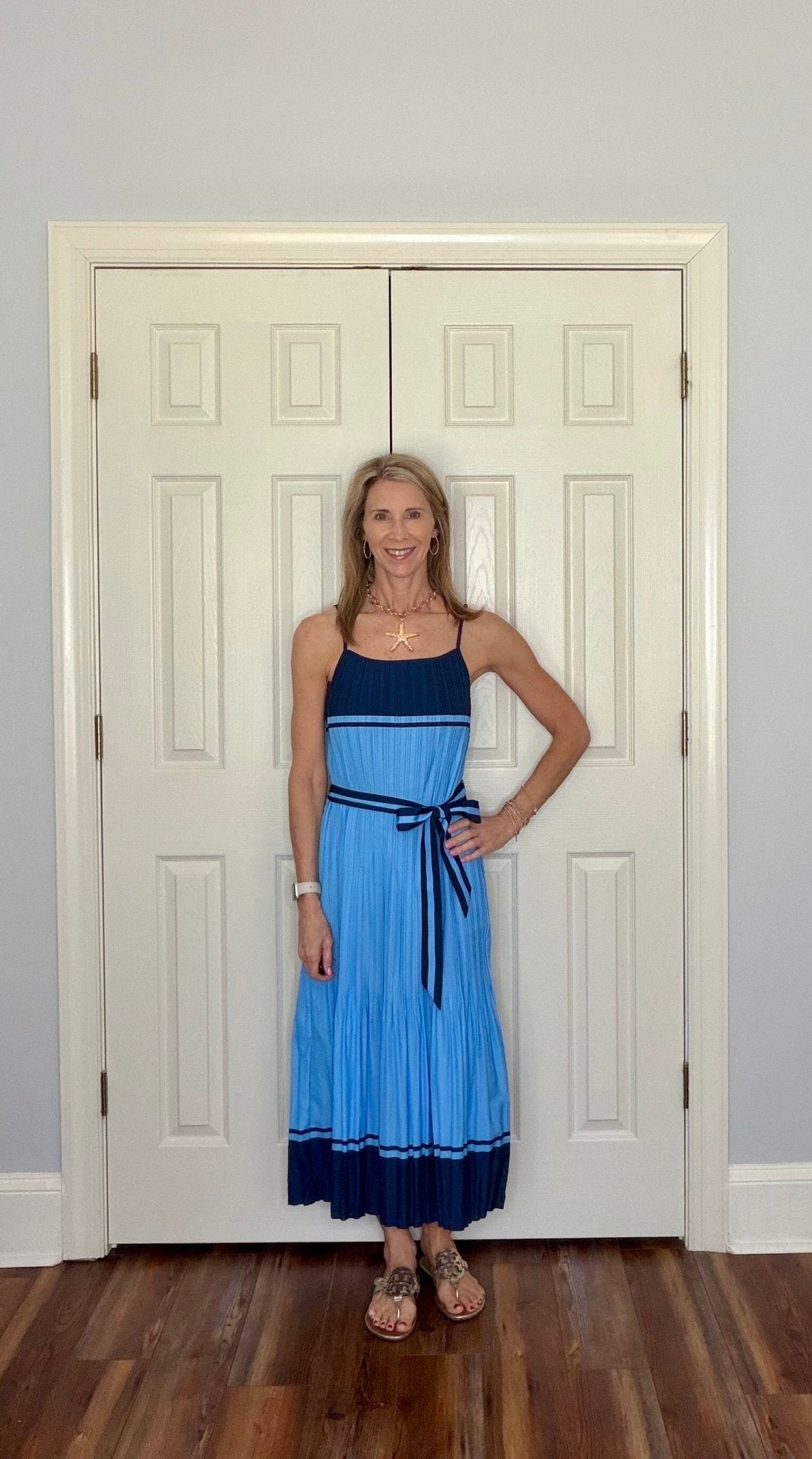 LIGHT BLUE AND NAVY PLEATED DRESS - Gopher Lane Boutique & Gifts