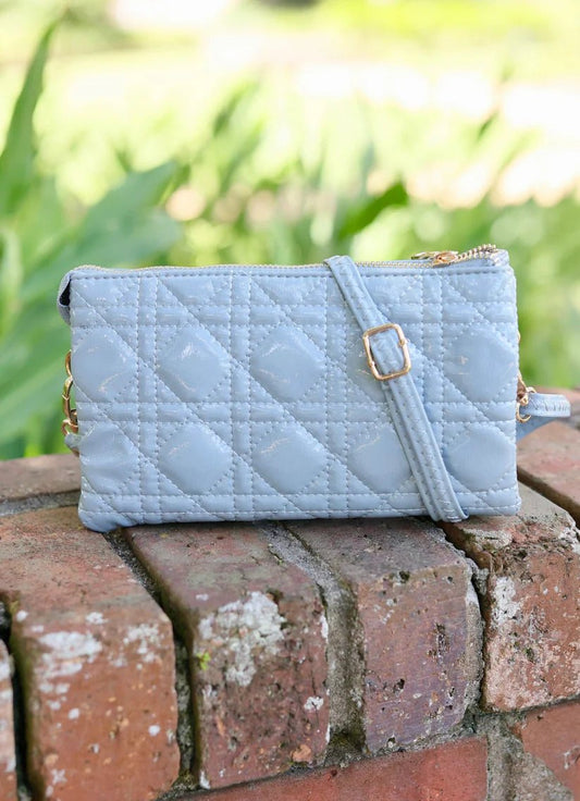 LIZ CUSTOM CROSSBODY BAG - DUSTY BLUE PATENT - Gopher Lane Boutique & Gifts