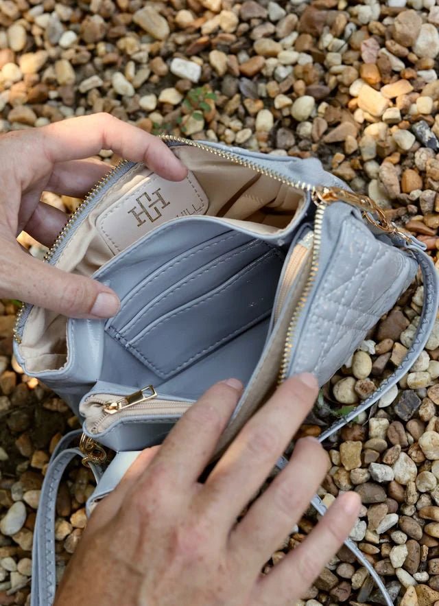LIZ CUSTOM CROSSBODY BAG - DUSTY BLUE PATENT - Gopher Lane Boutique & Gifts