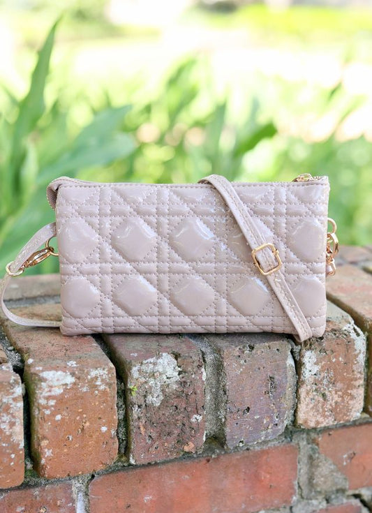 LIZ CUSTOM CROSSBODY BAG - TAUPE PATENT LQ - Gopher Lane Boutique & Gifts