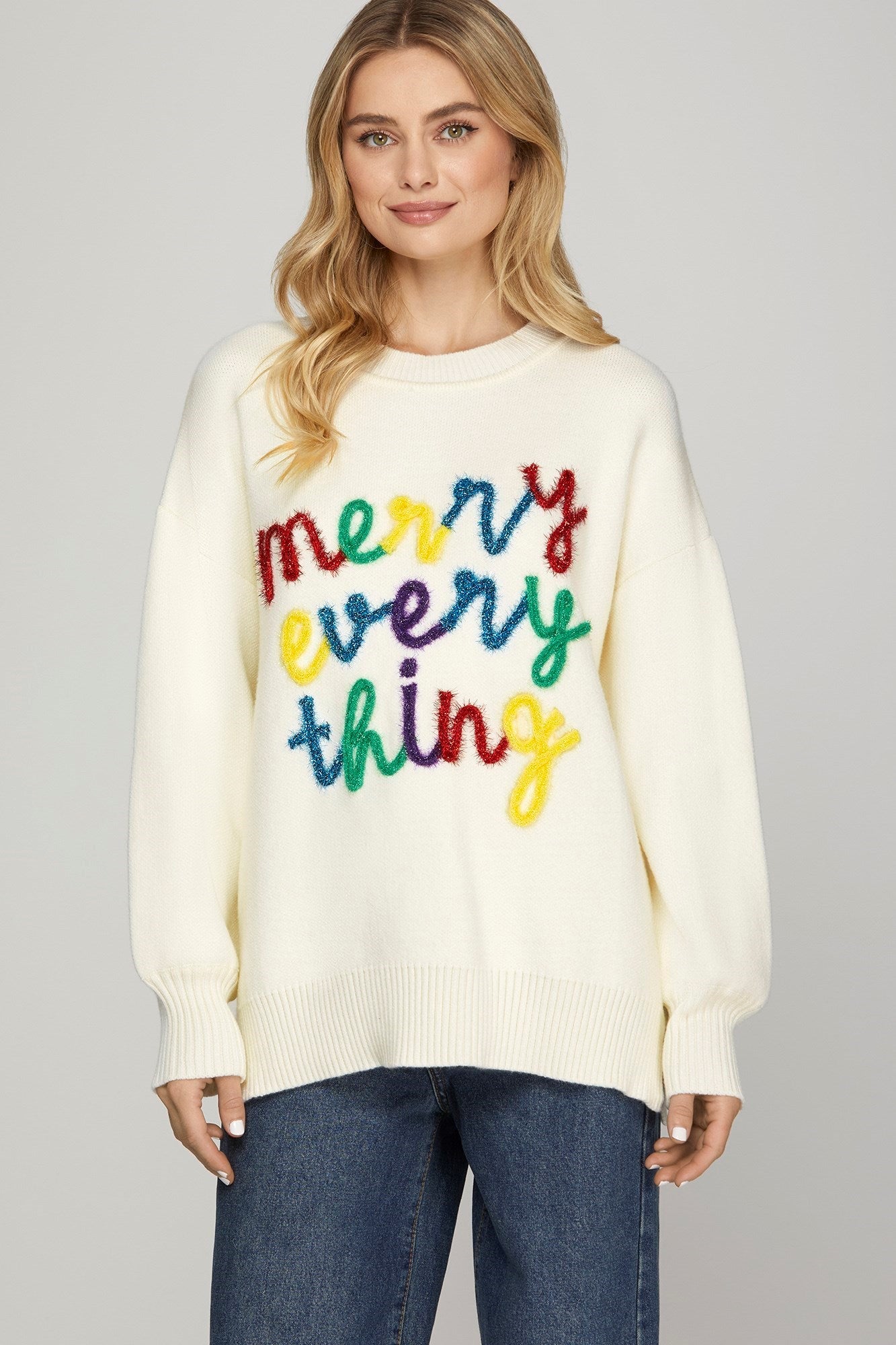 LONG SLEEVE MERRY EVERYTHING SWEATER TOP - Gopher Lane Boutique & Gifts
