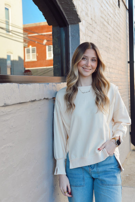 LONG SLEEVE OVER SIZE SWEATSHIRT WITH TRIM DETAIL - Gopher Lane Boutique & Gifts