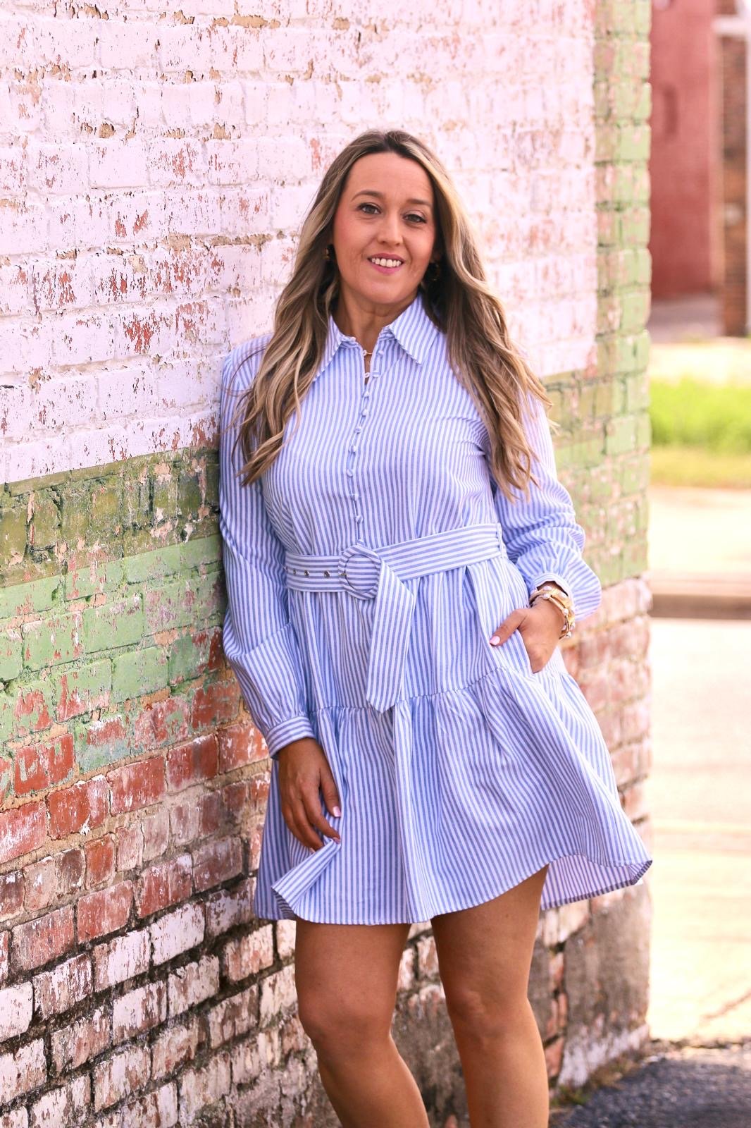 LONG SLEEVE STRIPED DRESS WITH BELT - Gopher Lane Boutique & Gifts