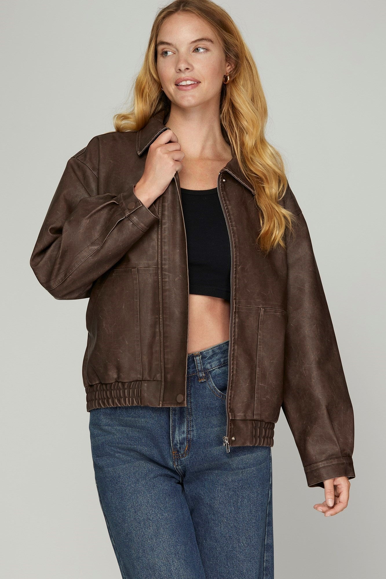 LONG SLEEVE WASHED FAUX LEATHER ZIP JACKET WITH SIDE POCKET - Gopher Lane Boutique & Gifts