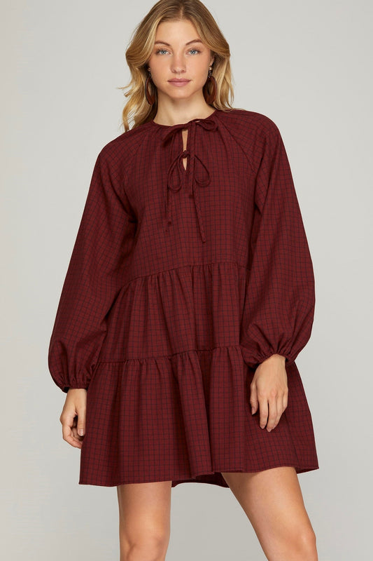 LONG SLEEVE WOVEN PLAID TIE FRONT TIERED DRESS WITH POCKETS - Gopher Lane Boutique & Gifts