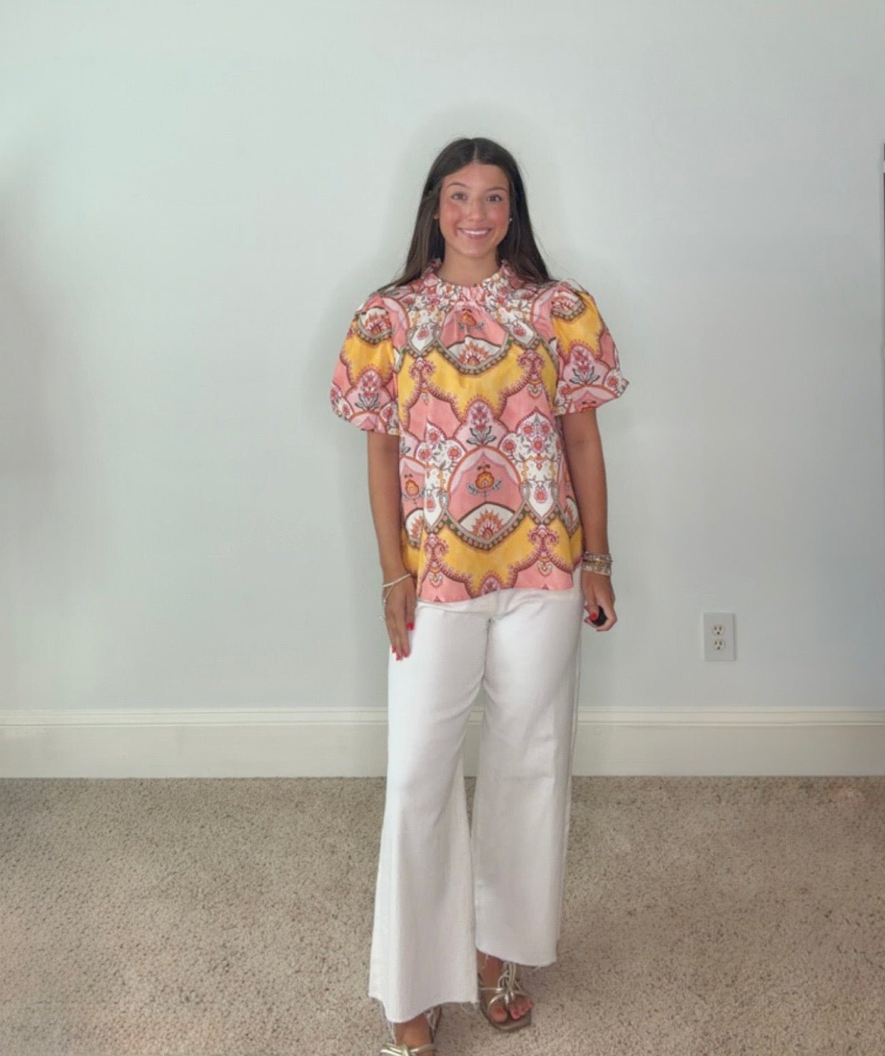 MAGNOLIA ORNAMENTAL FLORAL RUFFLE-NECK TOP - Gopher Lane Boutique & Gifts