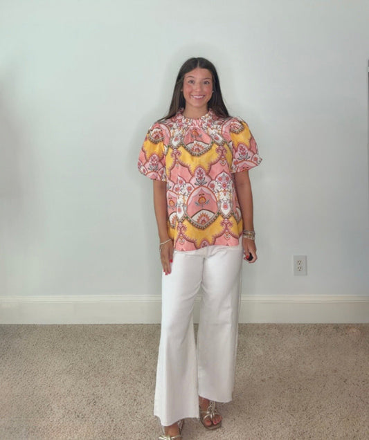 MAGNOLIA ORNAMENTAL FLORAL RUFFLE-NECK TOP - Gopher Lane Boutique & Gifts