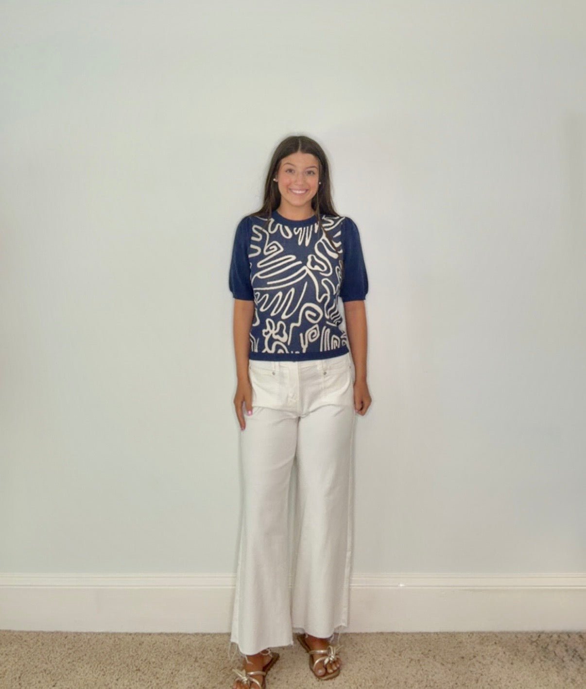 MARGOT NAVY ABSTRACT PUFF SLEEVE TOP - Gopher Lane Boutique & Gifts