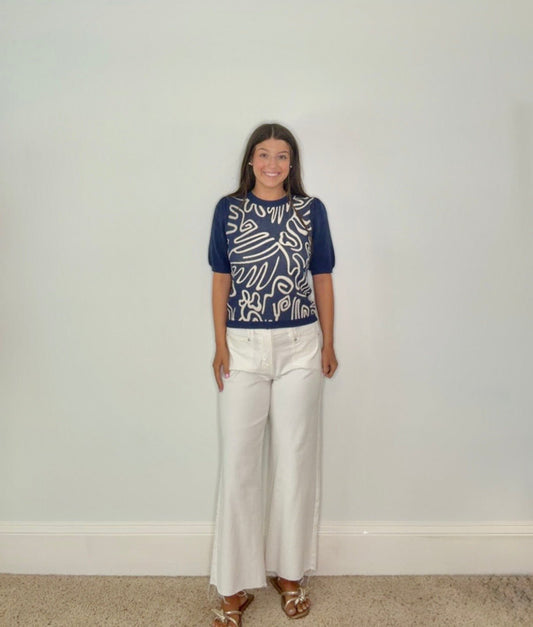 MARGOT NAVY ABSTRACT PUFF SLEEVE TOP - Gopher Lane Boutique & Gifts
