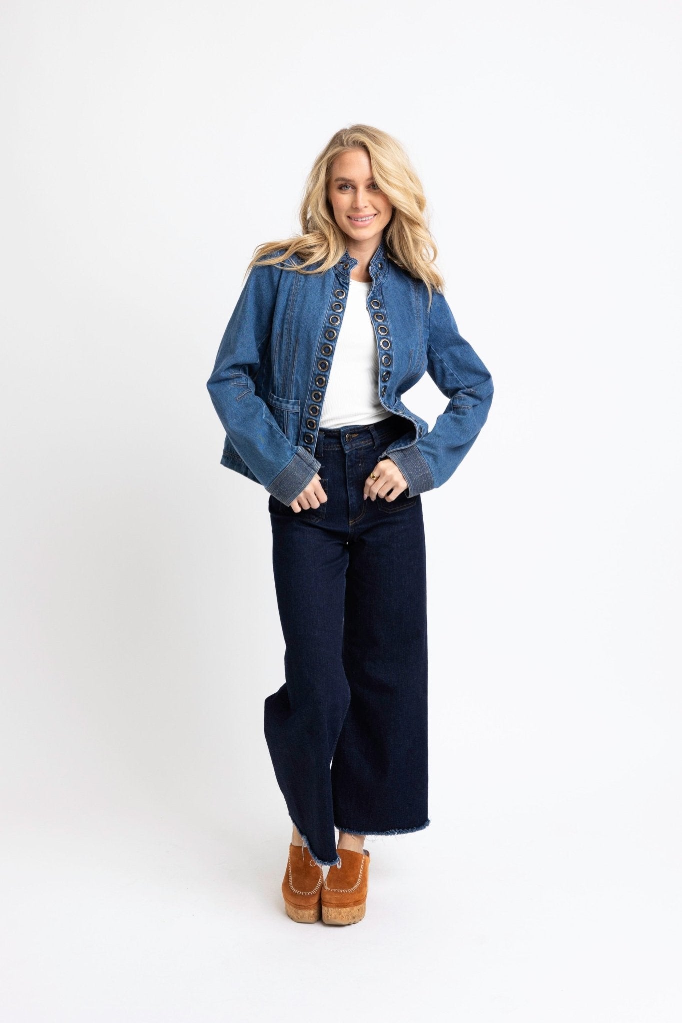 MAVERICK EYELET DENIM MOTO JACKET BY KARLIE - Gopher Lane Boutique & Gifts