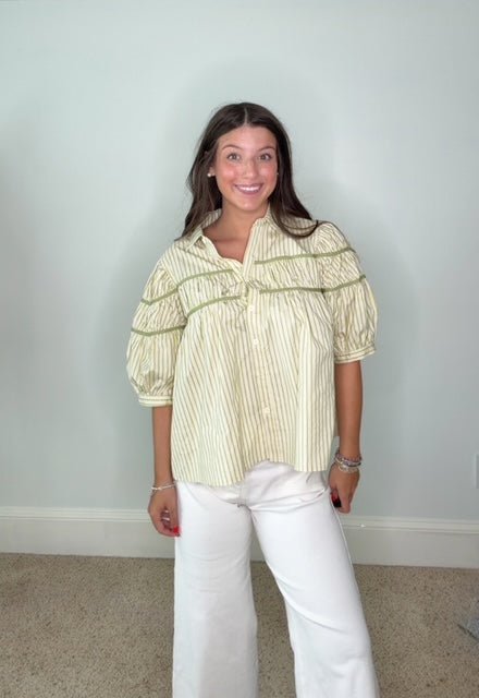 MEADOW GREEN STRIPED PUFF SLEEVED TOP - Gopher Lane Boutique & Gifts