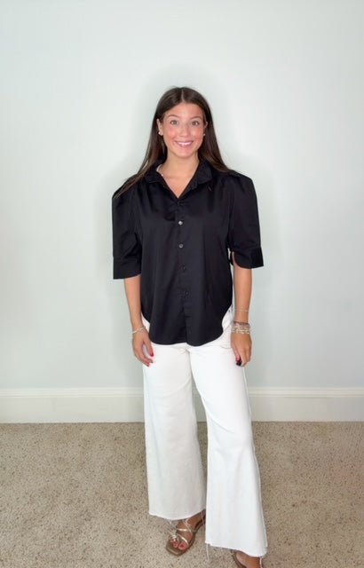 MEAGAN RUFFLE NECK BUTTON DOWN BLOUSE- BLACK - Gopher Lane Boutique & Gifts