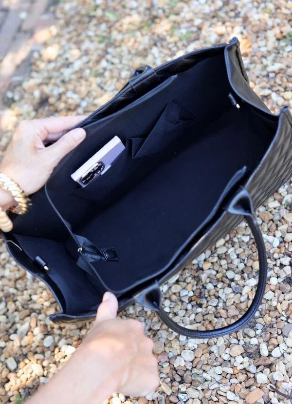 NIALL TOTE - BLACK QUILTED DQ - Gopher Lane Boutique & Gifts
