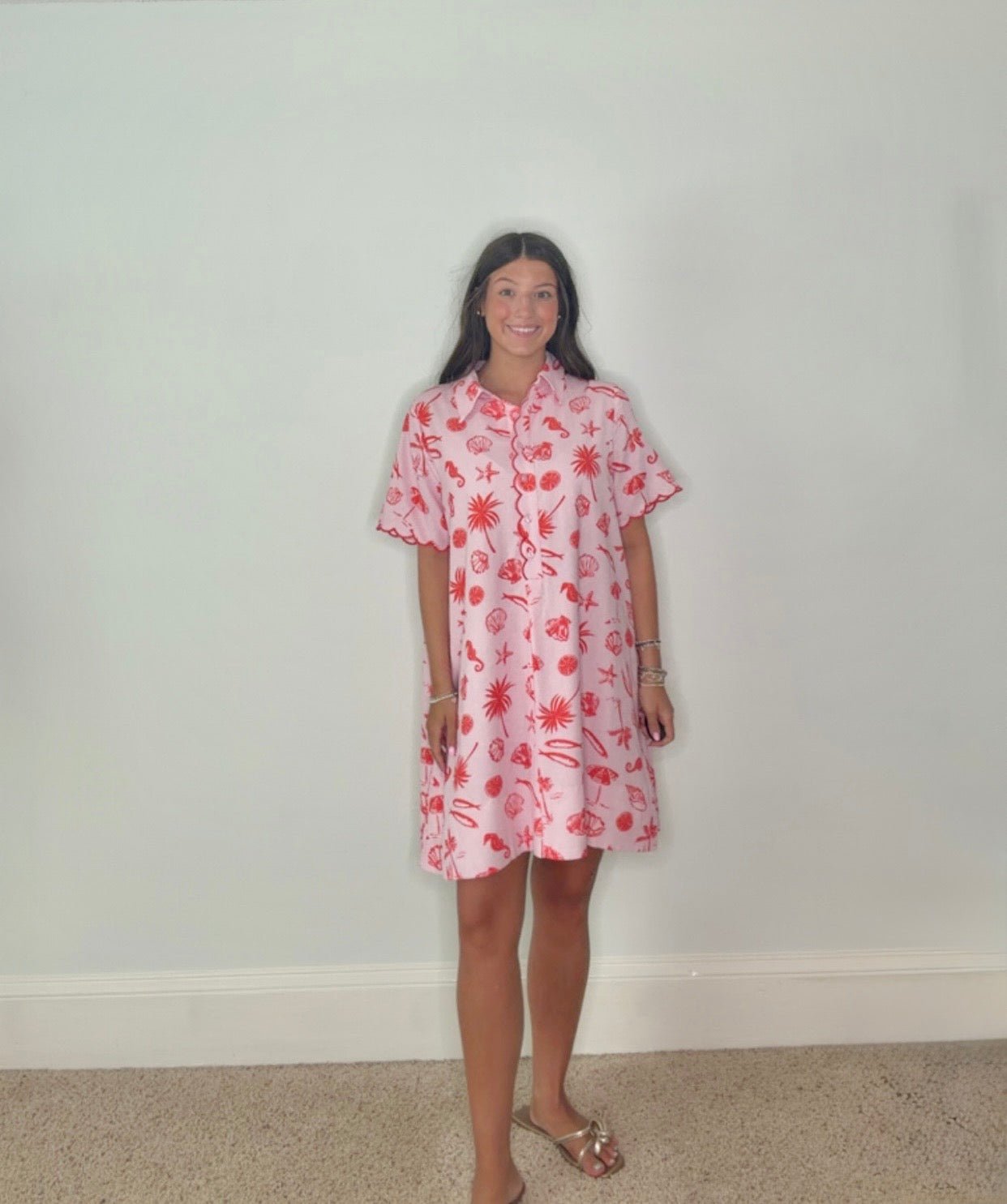 PINK PARADISE SCALLOPED TROPICAL SHIRT DRESS BY KARLIE - Gopher Lane Boutique & Gifts