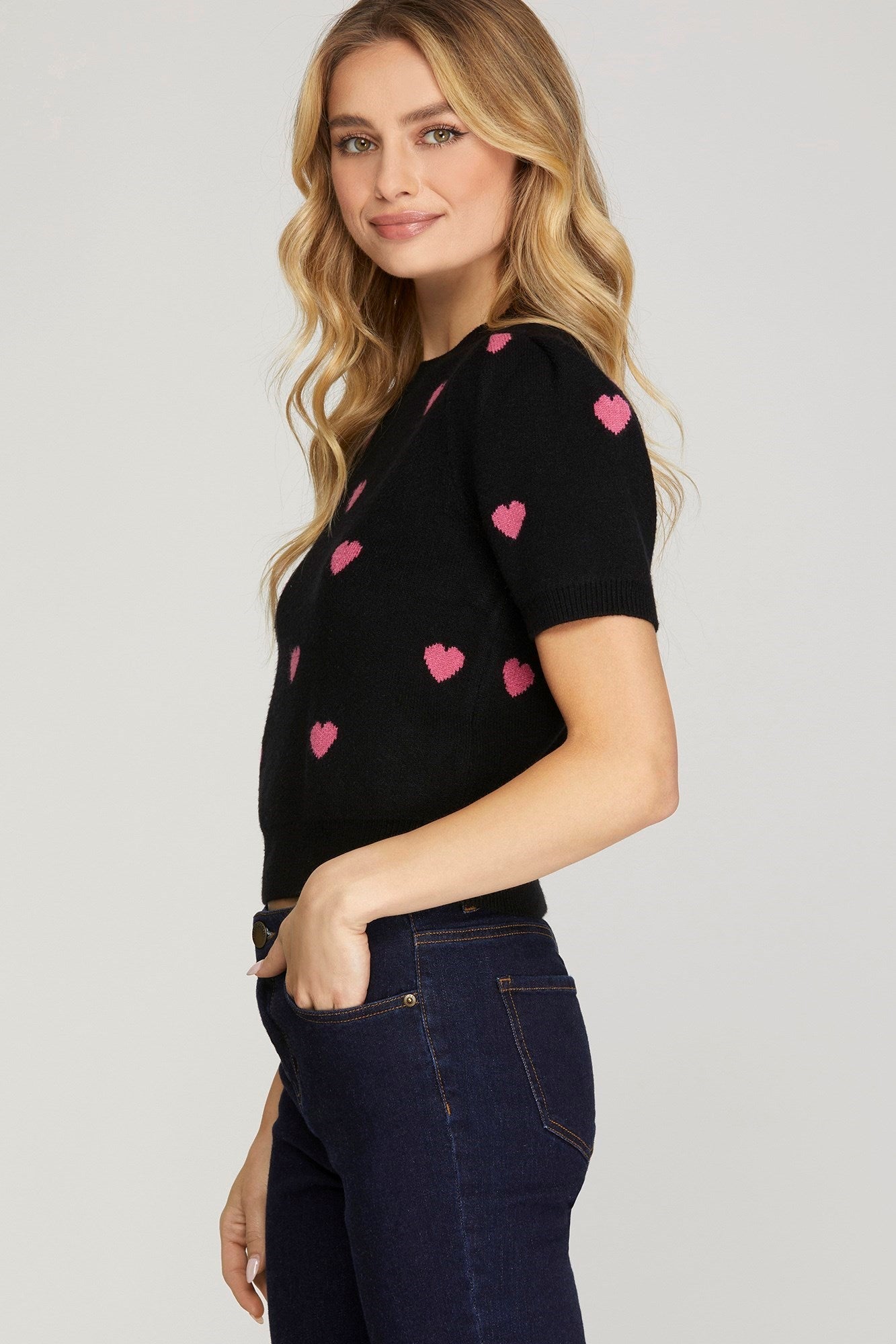 PUFF SLEEVE HEART PATTERN SWEATER - Gopher Lane Boutique & Gifts