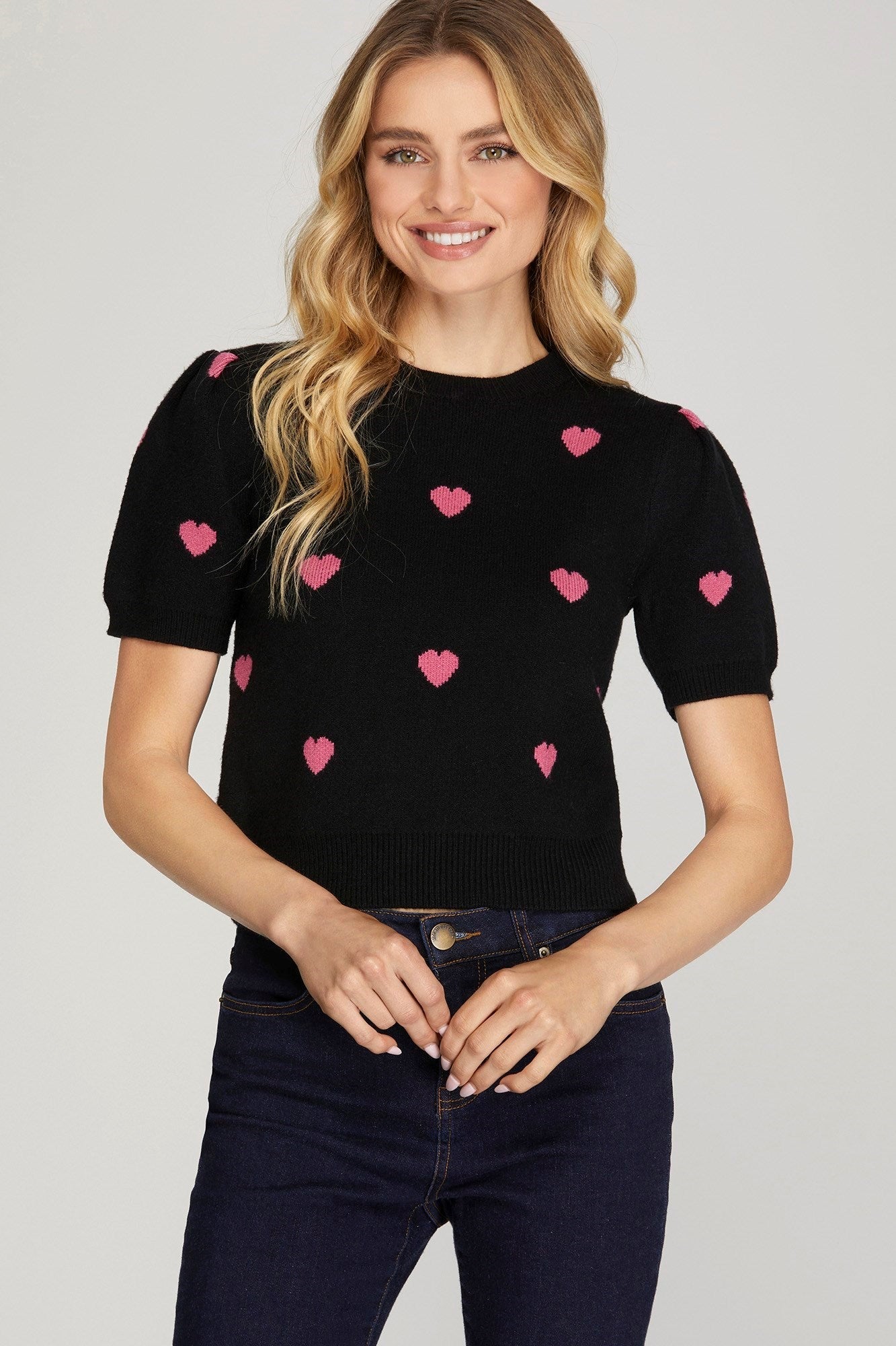 PUFF SLEEVE HEART PATTERN SWEATER - Gopher Lane Boutique & Gifts