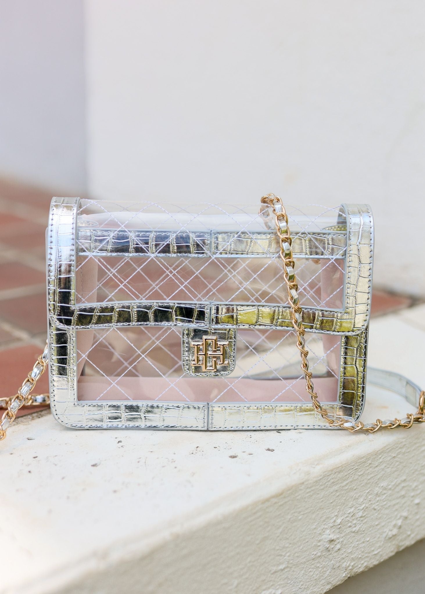QUINN QUILTED CLEAR BAG - PLATINUM - Gopher Lane Boutique & Gifts