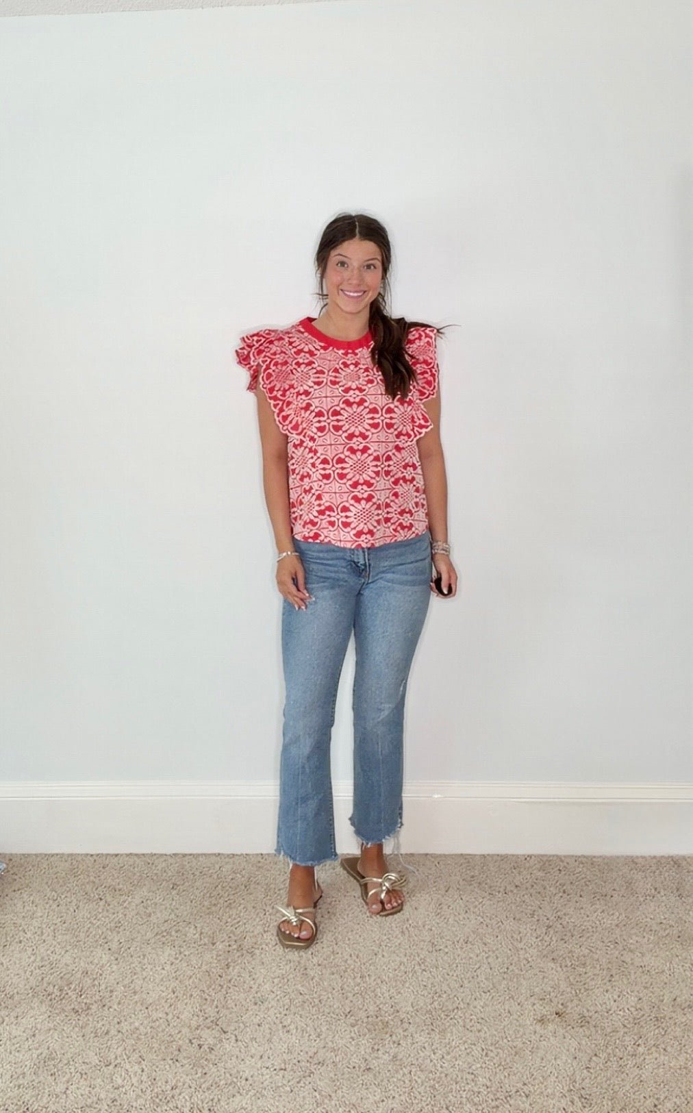 RED LATTICE FLUTTER SLEEVE TOP - Gopher Lane Boutique & Gifts